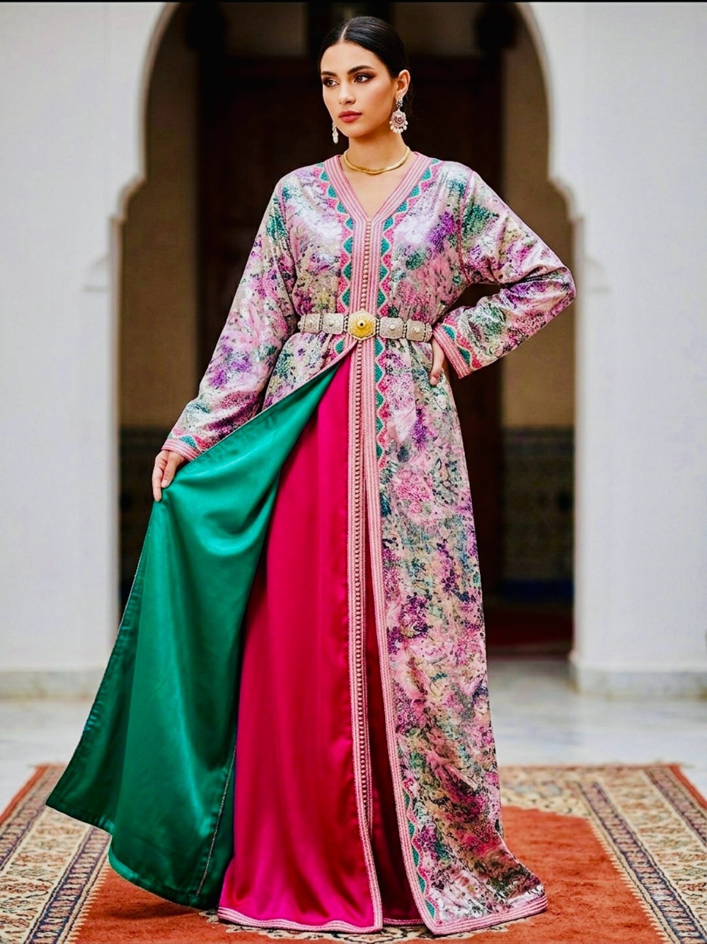 Artisanal Moroccan Caftan in Rare Drap de soie and hand embroidered sari 2 piece